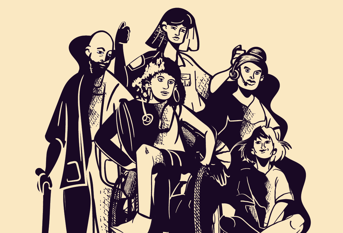 An illustrated diverse of group of people including a wheelchair user, someone sitting on the ground, someone with a hearing device, and someone with a cane. They are all wearing different outfits and hairstyles with different hair types. One person has their head covered.