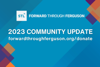 First slide of the Forward Through Ferguson Community update that has blue, orange, and purple accents. It says 2023 Community Update and a link to donate: forwardthroughferguson.org/donate