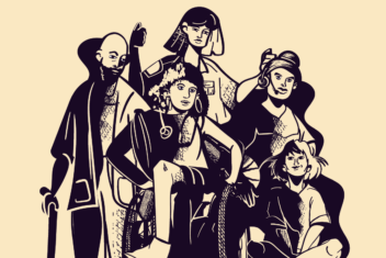 Illustration of diverse community members including a bald masculine person in a trench coat, a healthcare worker in a wheelchair with natural hair and hoop earrings, a person sitting on the ground cross legged with a bob and bangs, someone with a headset and their hair wrapped, and someone standing in the background who has a blunt bob and bangs and a button up shirt. The illustration is in very dark blue and the background is tan.