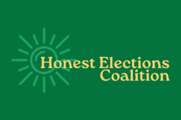 Honest Elections Coalition logo with a sunburst on the left side in light green and the background being a forest green. The title of the coalition is bold yellow rounded serif font.