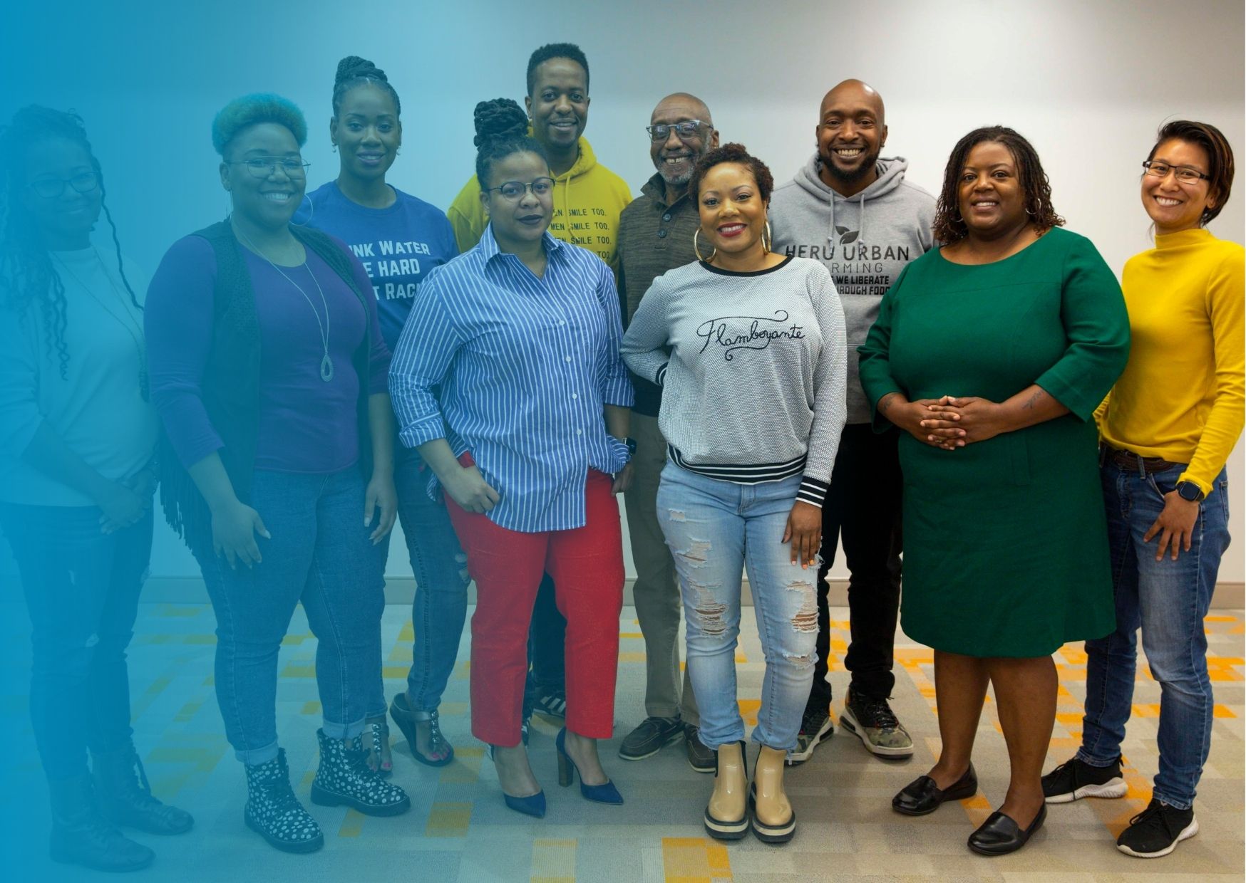 Members of Racial Healing + Justice Pilot Fund 2022-2023 Community Governance Board. They are all smiling in a mosaic of colorful headshots. It is a mix of Black and brown residents of St. Louis (mostly Black residents).