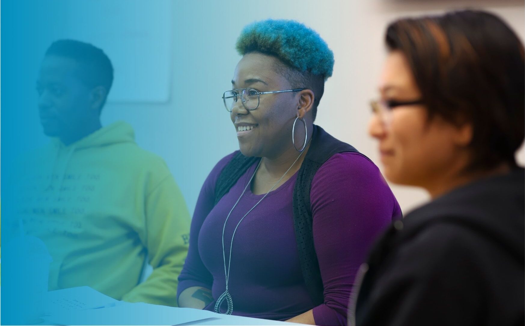 Photos of Racial Healing + Justice Fund Community Governance Board members, Darian Wigfall, Samantha Minor, and Rorke Chhouk. They are one Black man, one Black woman, and one Asian person. They are all engaged in conversation.