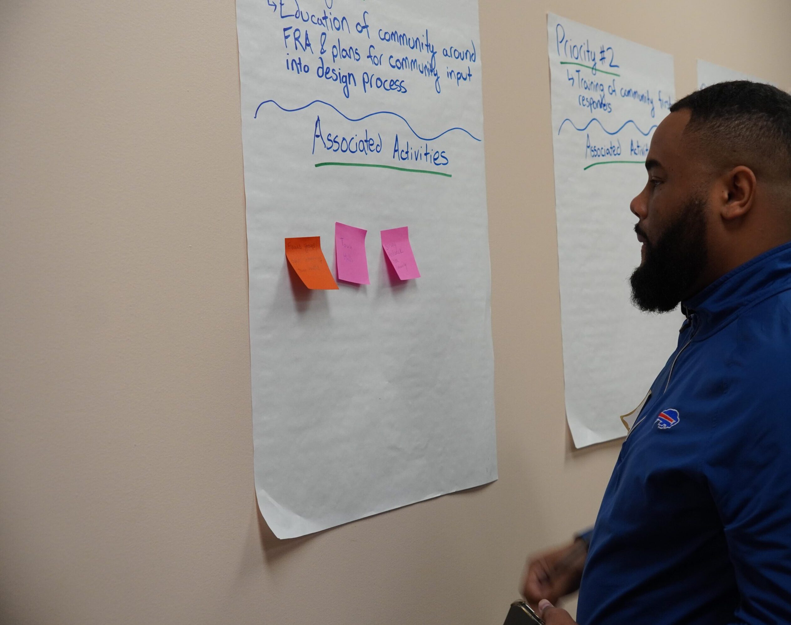 A Black man with short hair and beard is wearing a blue zip up shirt. He is pondering the priorities in a First Responder Alternative coalition meeting on a large sticky note page with colorful sticky note ideas.