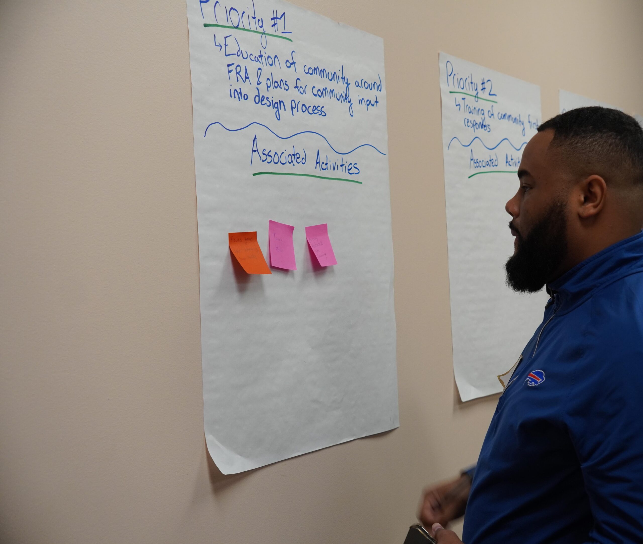 A Black man with short hair and beard is wearing a blue zip up shirt. He is pondering the priorities in a First Responder Alternative coalition meeting on a large sticky note page with colorful sticky note ideas.