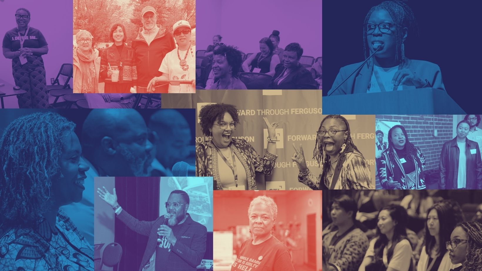 Colorful mosaic of Racial Equity advocates. There are blue, purple, sepia, and red squares of photos of Forward Through Ferguson events.