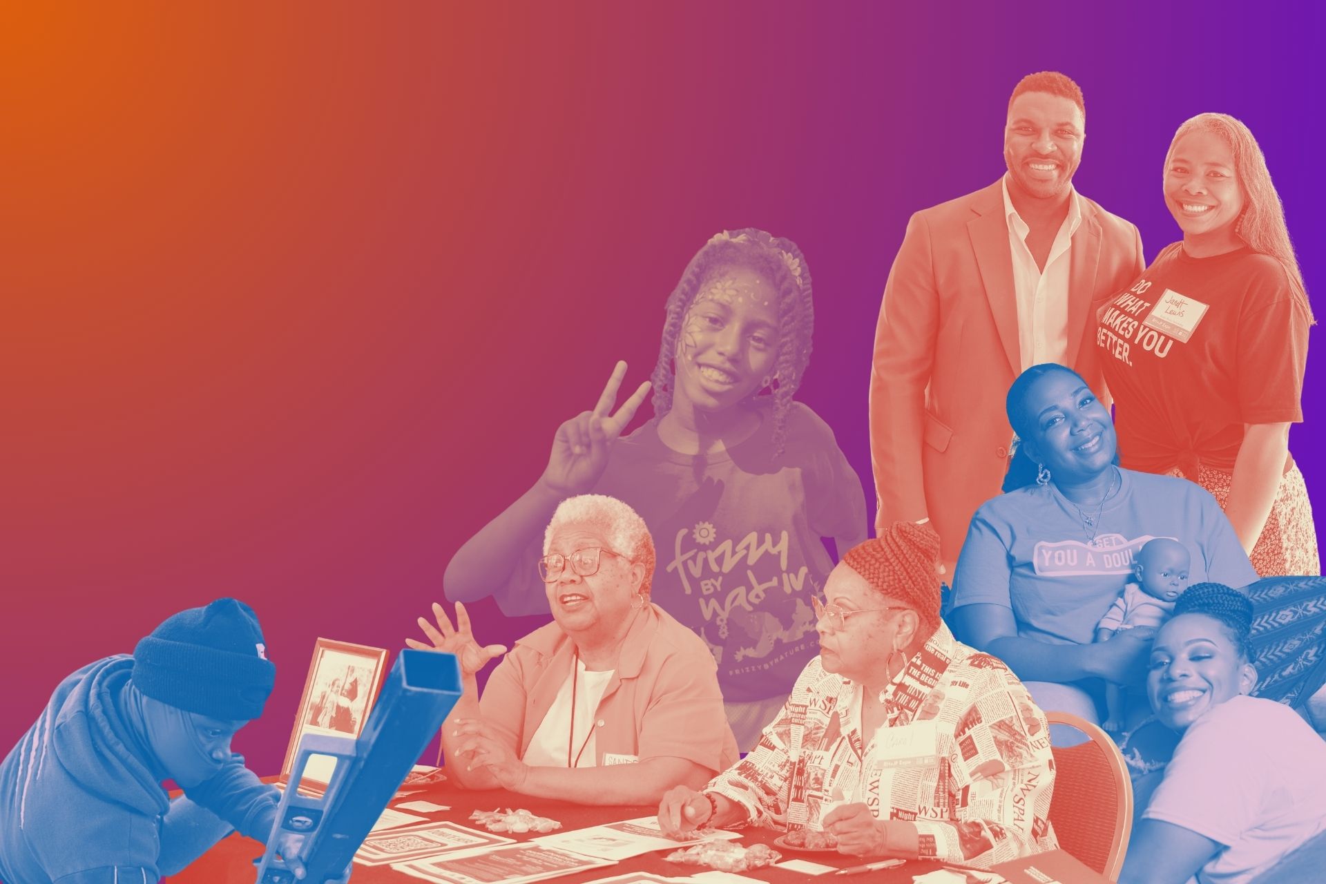 Collage of Racial Healing + Justice Fund grantees against an orange and purple background. At top is the Racial Healing + Justice Fund logo with a blue square, up arrow, and STL which denotes Forward Through Ferguson's shortened logo.